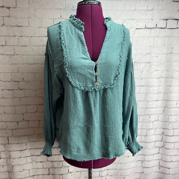 Fate size small green long sleeve cotton gauze blouse - Picture 1 of 6